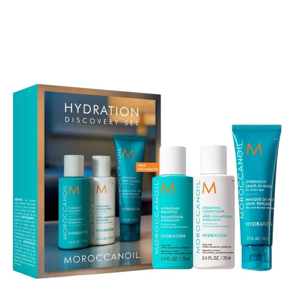 Moroccanoil Hydration Discovery Set featuring a teal and gold gift box with four skincare bottles and a tube displayed in front on a white background.