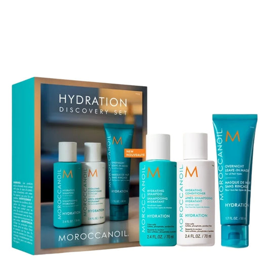 Moroccanoil Hydration Discovery Set featuring a teal and gold gift box with four skincare bottles and a tube displayed in front on a white background.
