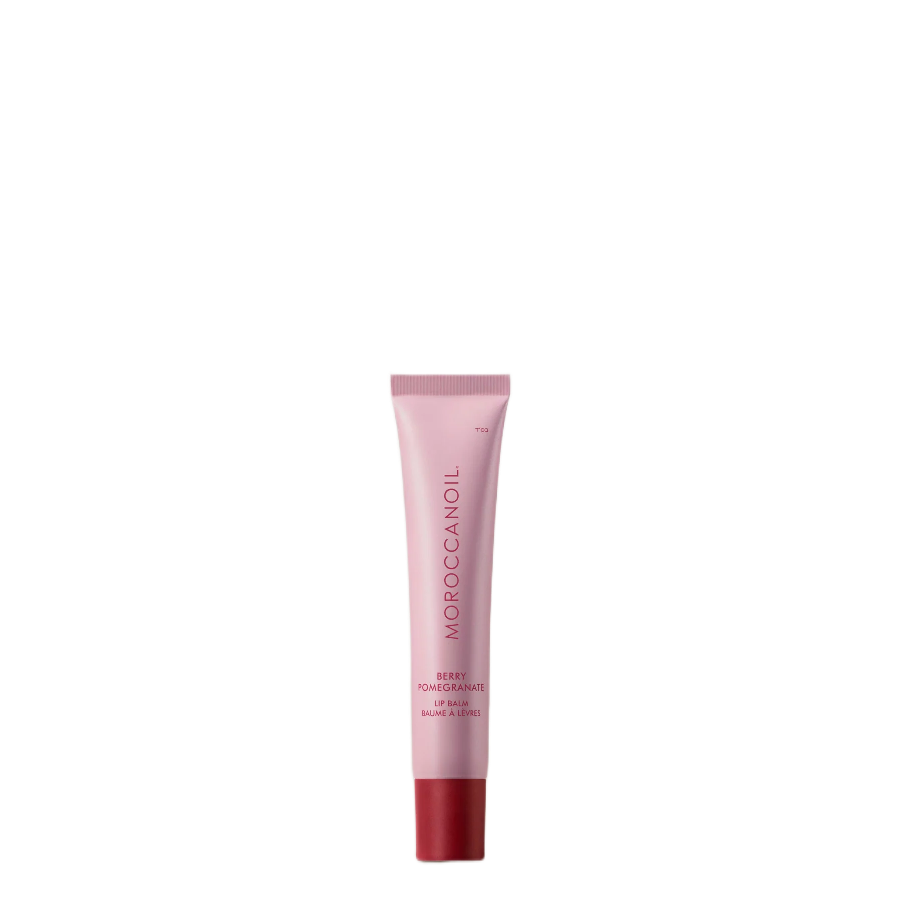 Pink tube of Moroccanoil lip balm on a white background