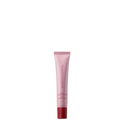 Pink tube of Moroccanoil lip balm on a white background