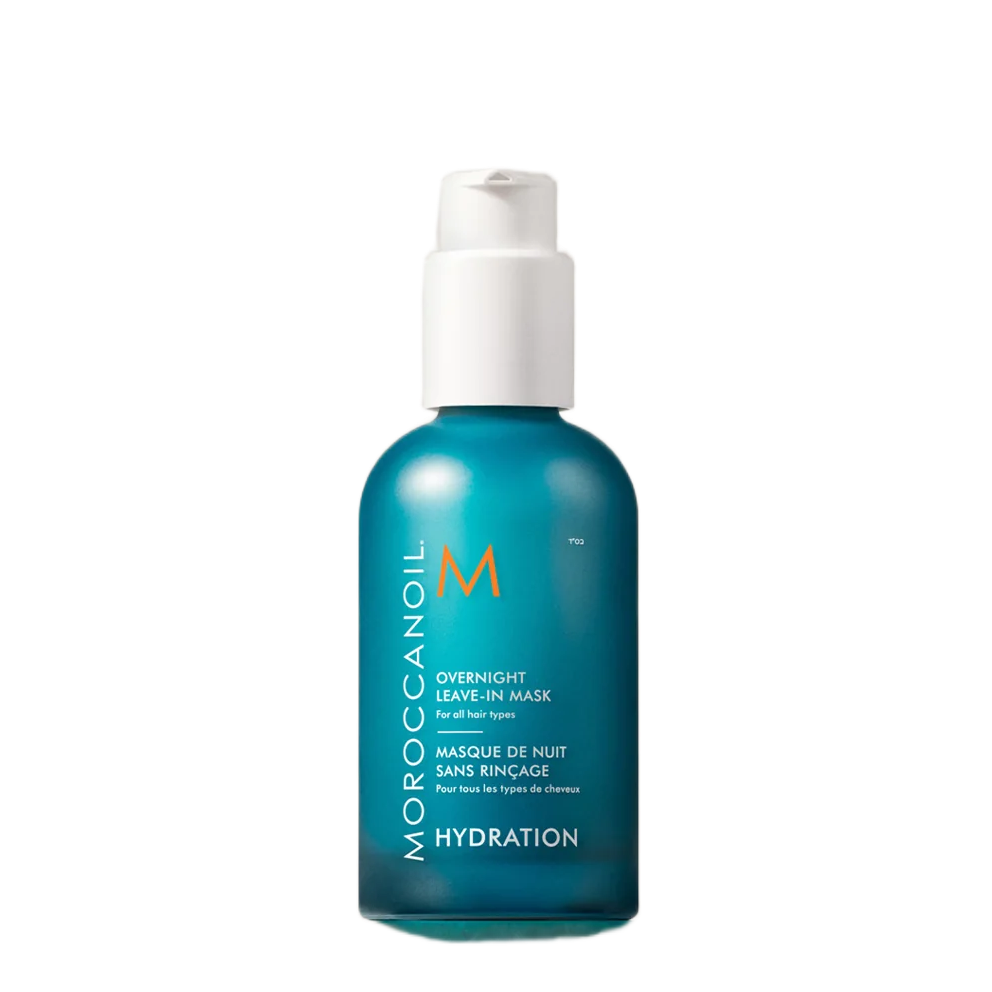 Morocanoil Intensive Sleave-In Mask Hydration bottle in a translucent teal blue color with a white pump dispenser, shown on a plain white background.