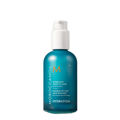 Morocanoil Intensive Sleave-In Mask Hydration bottle in a translucent teal blue color with a white pump dispenser, shown on a plain white background.