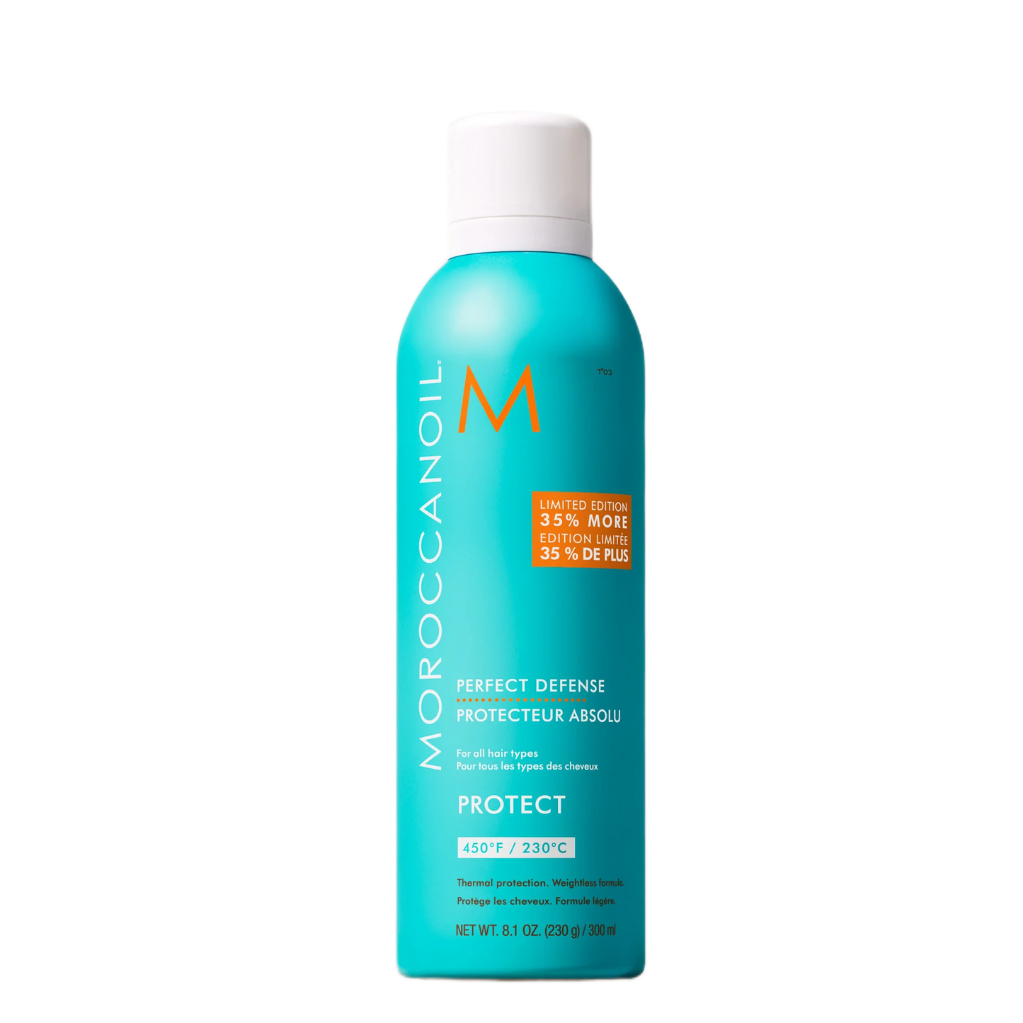 Moroccanoil Perfect Defense spray bottle on a white background