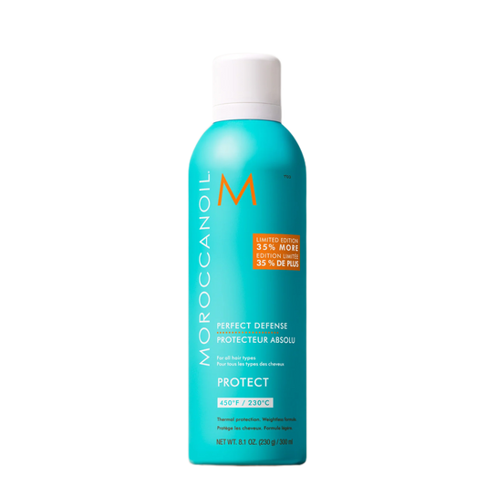 Moroccanoil Perfect Defense spray bottle on a white background