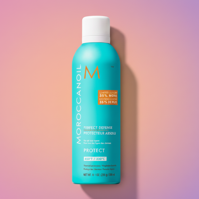 Moroccanoil Perfect Defense spray bottle on a white background