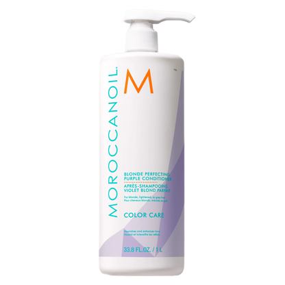 Moroccanoil blonde perfecting conditioner bottle on a white background