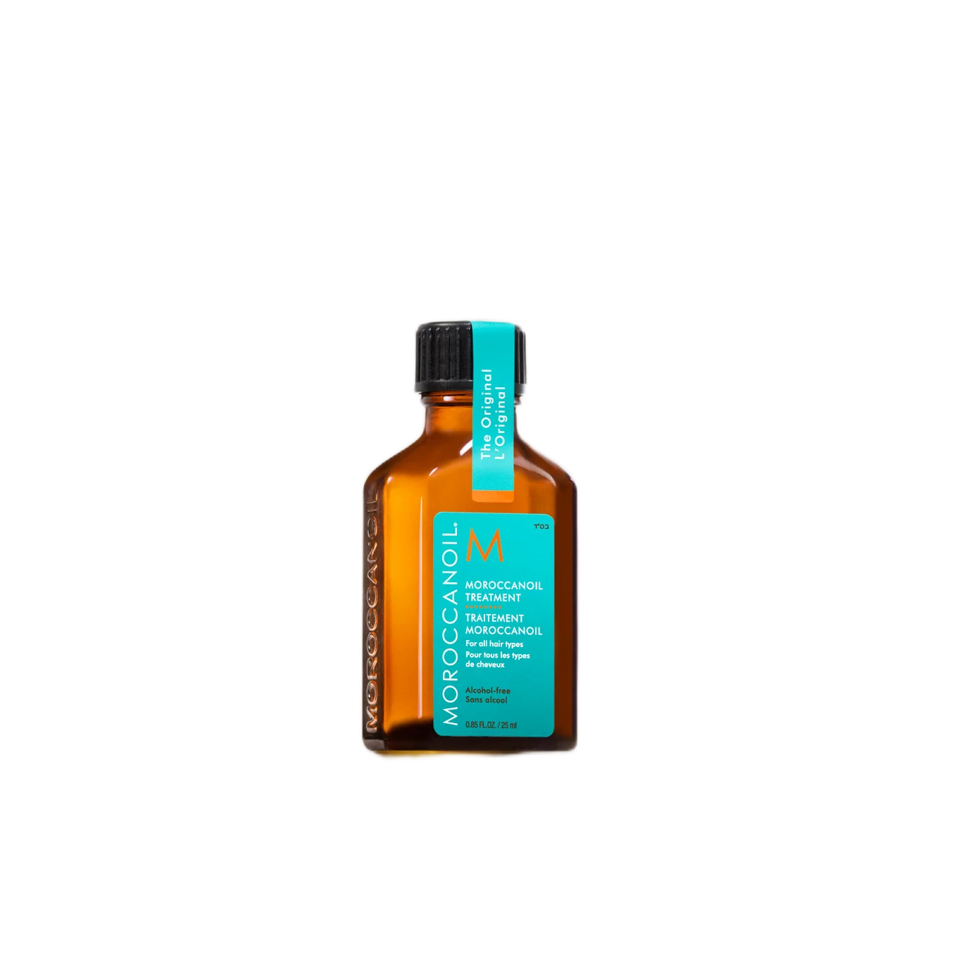 Bottle of Moroccanoil hair treatment on a white background