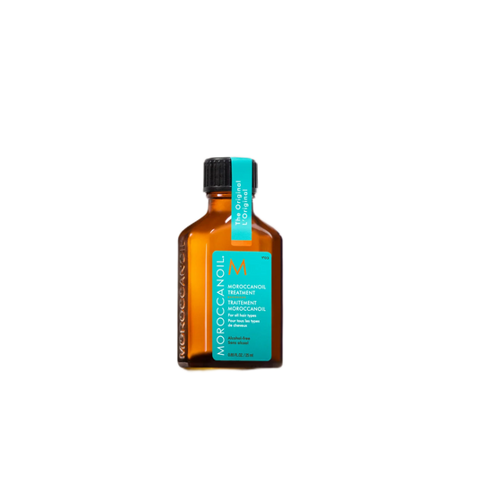 Bottle of Moroccanoil hair treatment on a white background