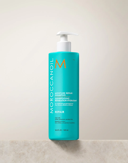 Moroccanoil shampoo bottle on a light background