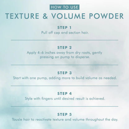 Instructions on how to use texture and volume powder with a light blue gradient background
