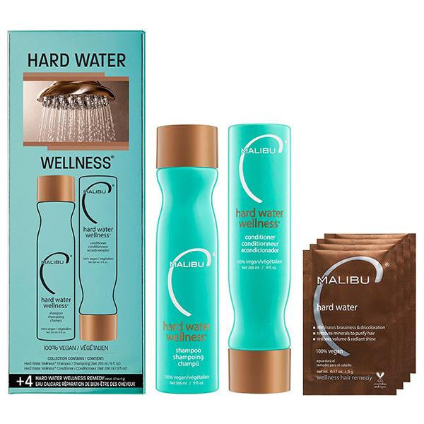 Malibu Hard Water Wellness hair care products including shampoo, conditioner, and 4 foil treatment packs 