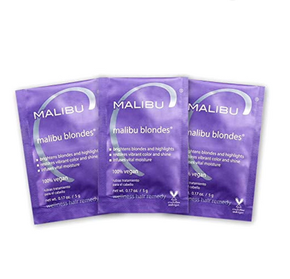 Three Malibu Blondes hair care packages on a white background