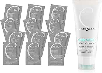 Collection of Malibu C scalp Scrub care regiment including packets and a scrub.