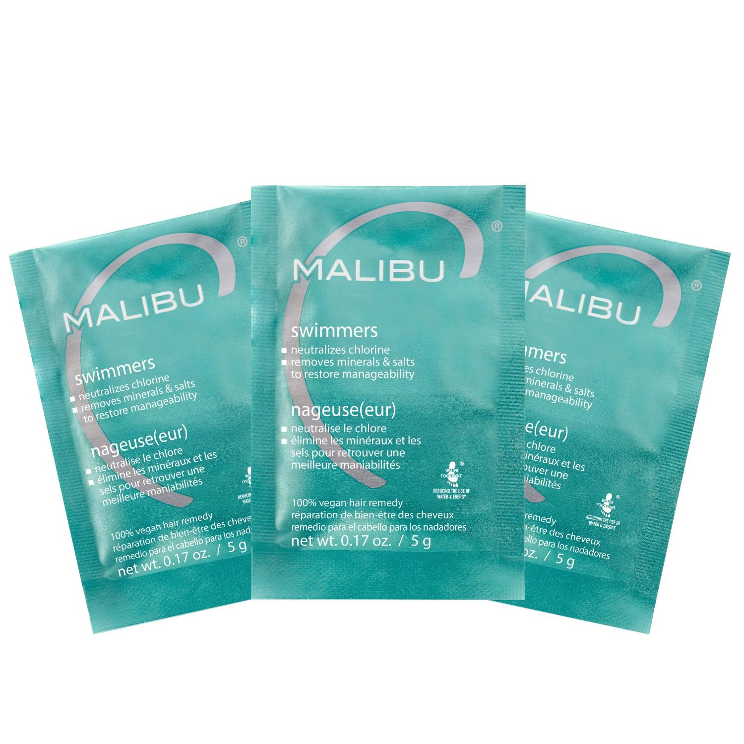 Three Malibu swimmers hair care packets on a white background