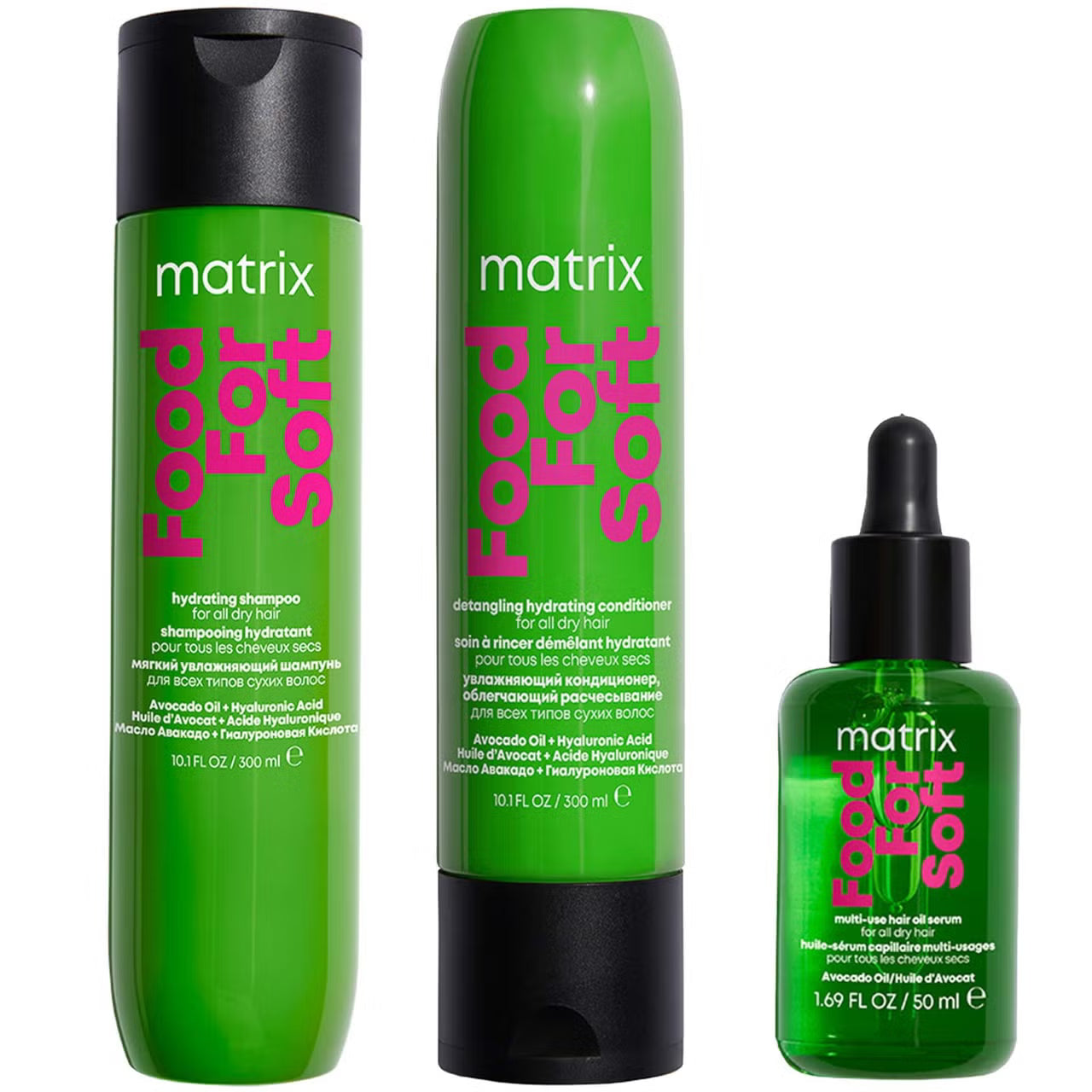 Matrix 'Food For Soft' shampoo, conditioner and multi-use hair oil serum bundle