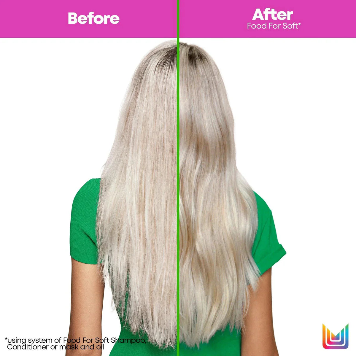 Before and after comparison of hair using a shampoo product, with a green shirt worn by the person.