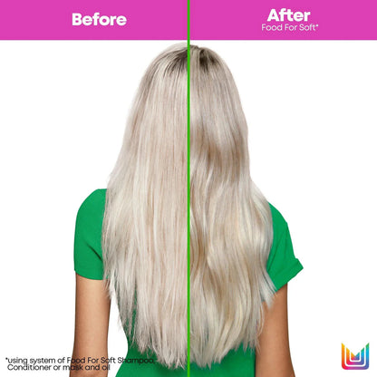 Before and after comparison of hair using a shampoo product, with a green shirt worn by the person.