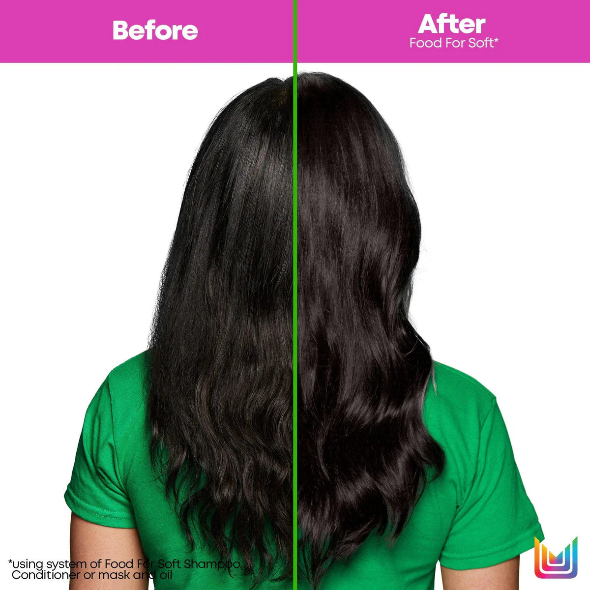 Before and after comparison of hair using a hair care product, with a green shirt worn by a person.