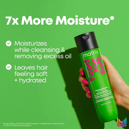 Green shampoo bottle held by a hand with text about moisturizing and softening hair on a green background