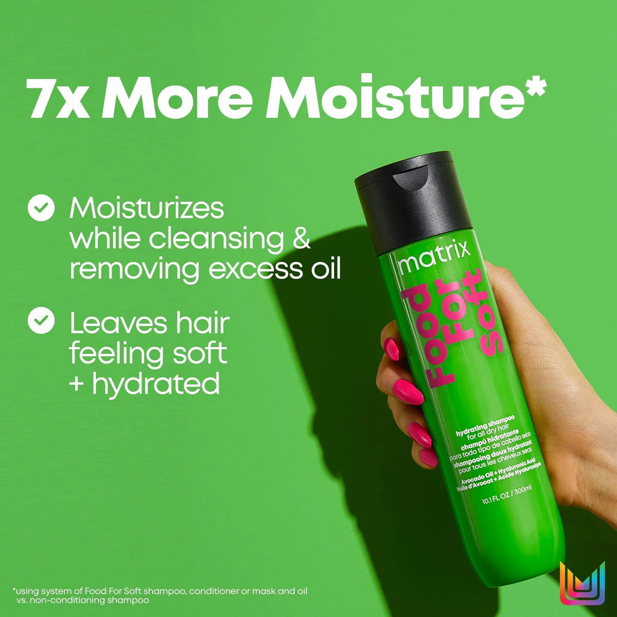 Green shampoo bottle held by a hand with text on a green background, highlighting moisturizing benefits.