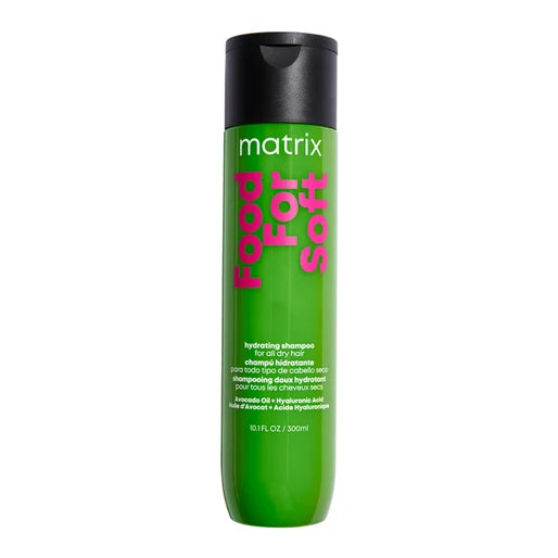 A 10 fl oz bottle of Matrix Food For Soft Hydrating Shampoo. The bottle is bright green with a black flip-top cap, featuring pink and white text on the front.