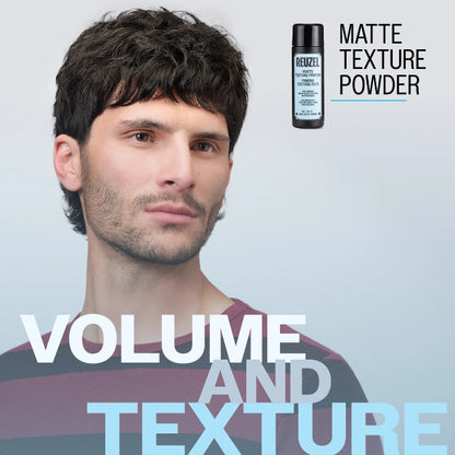 A man's portrait with hair texture and volume enhancement, alongside a bottle labeled HENZEL Matte Texture Powder and large text reading 'VOLUME AND TEXTURE' on a light gray background.