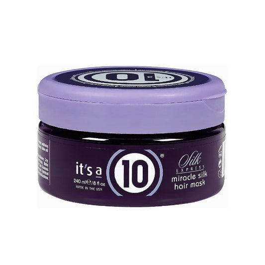 Jar of 'it's a 10' Silk Express Miracle Silky hair mask on a white background