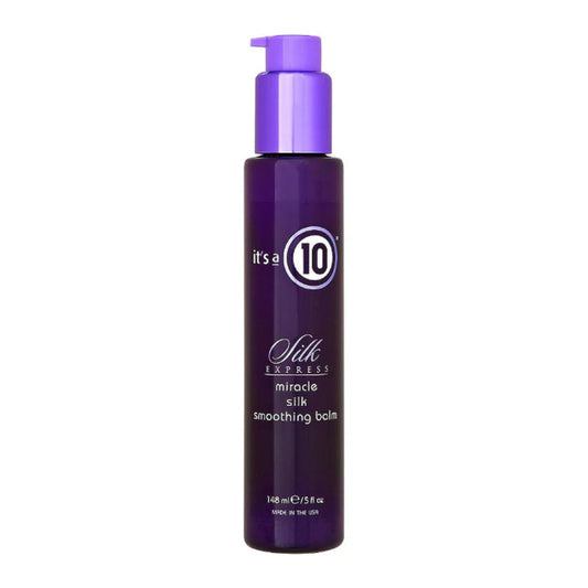 Purple bottle of 'It's a 10' Silk Express miracle silk balm on a white background