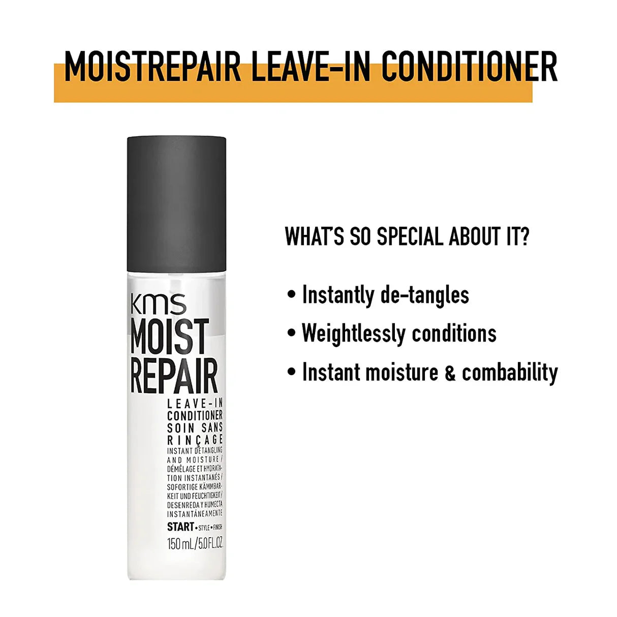 KMS Moist Repair Leave-In Conditioner bottle with text highlighting features on a white background