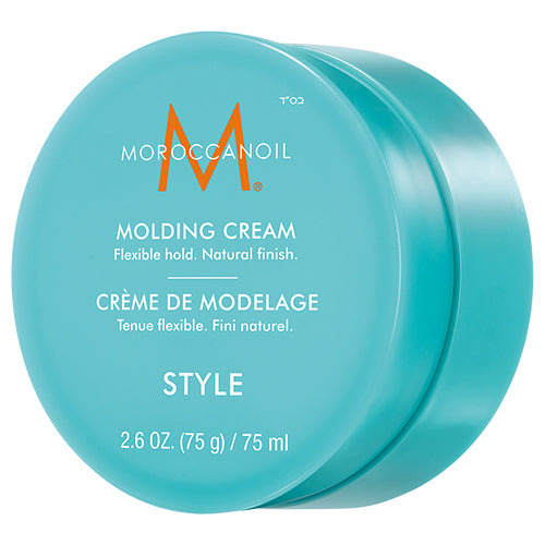 Turquoise container of MoroccanOil molding cream on a white background
