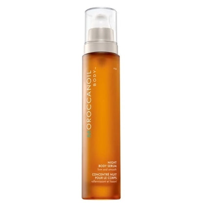 Moroccanoil Body+ Night Body Serum in an amber orange bottle with a clear cap and white pump, shown on a plain white background.