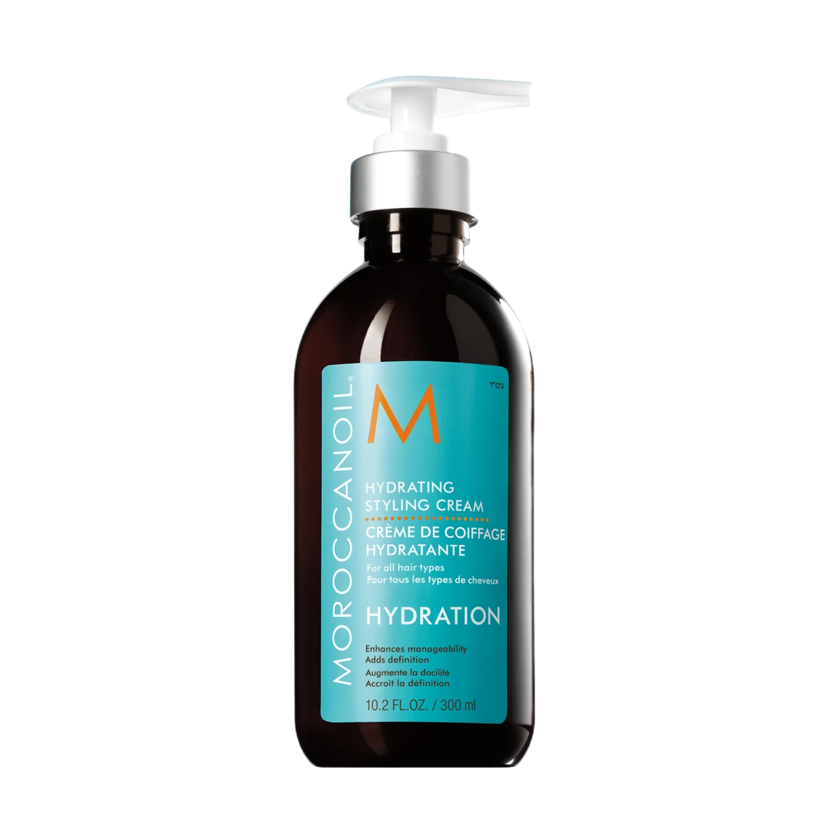 Moroccanoil Hydration Styling Cream in a 10.2 fl. oz. (300 ml) dark amber pump bottle with a turquoise label and silver pump.