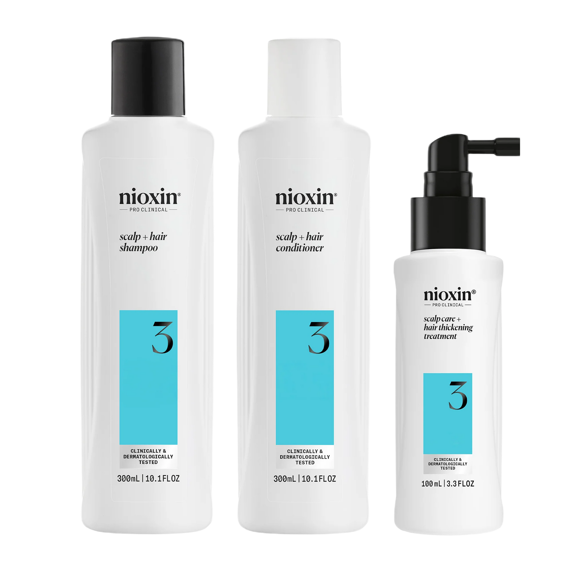 Three Nioxin hair care products on a white background