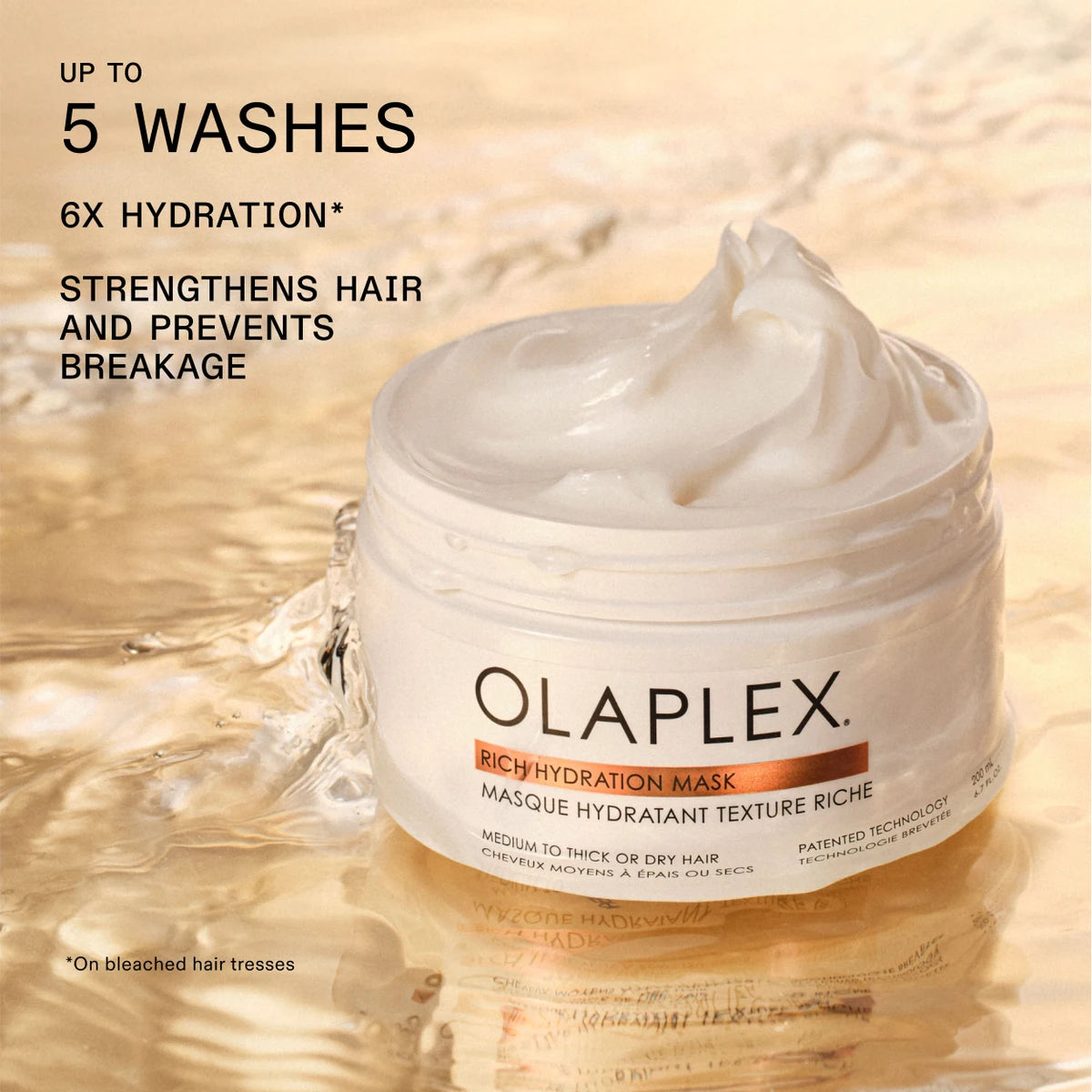 Olaplex Rich Hydration Mask jar with water droplets on a beige background