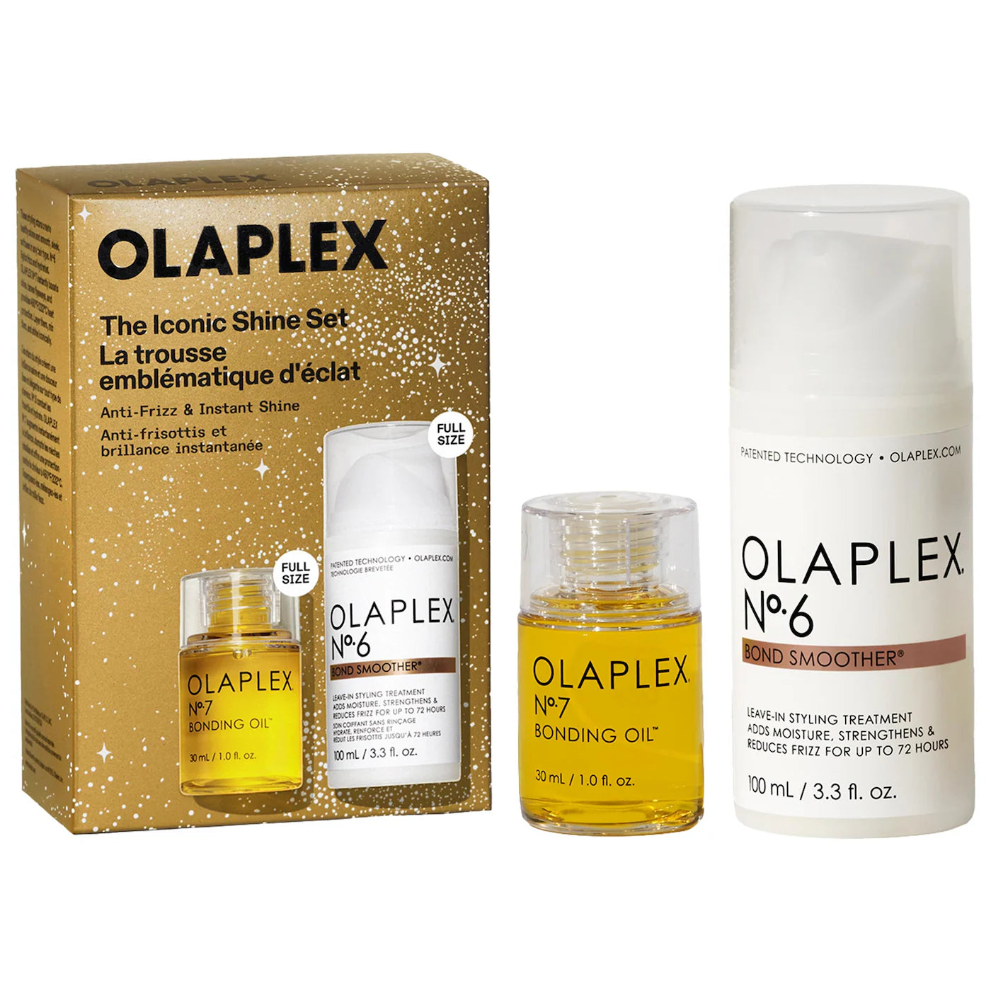Olaplex product set including a box, bottles, and a jar on a white background
