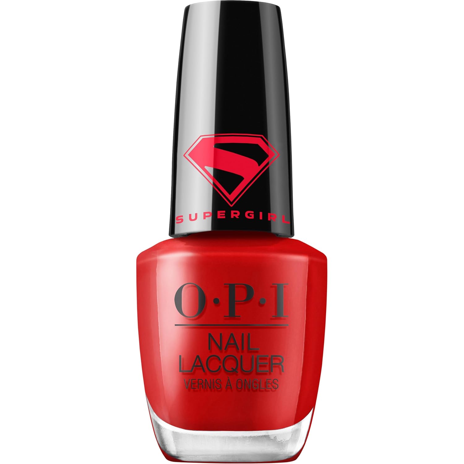 Red nail polish bottle with Supergirl logo on a white background