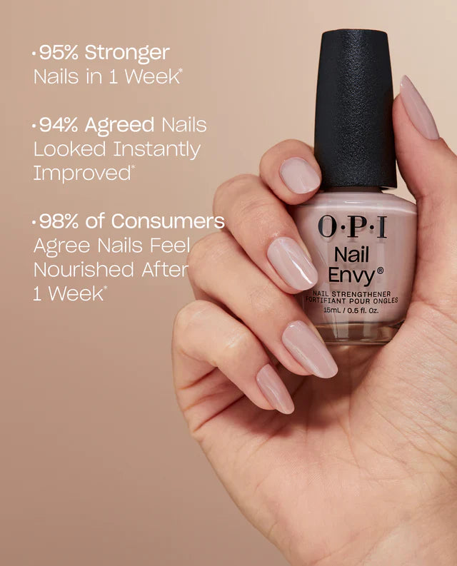 OPI Nail Envy nail polish bottle held by a hand with improved nails on a beige background