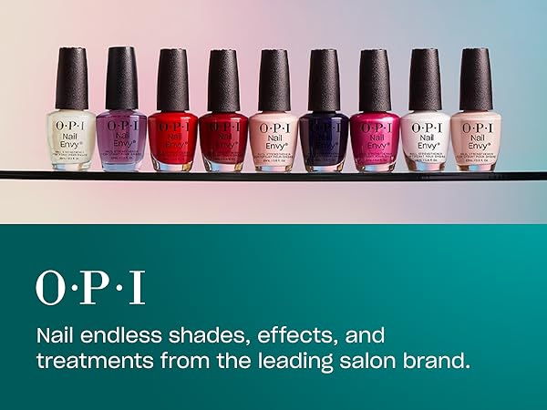 Row of OPI nail polish bottles on a gradient background with OPI branding.