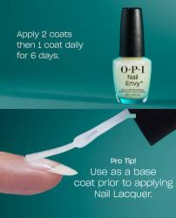 OPI nail polish bottle with application instructions on a teal background