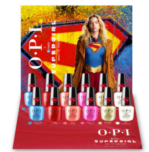 OPI Supergirl nail polish set with a character in a superhero costume on a colorful background