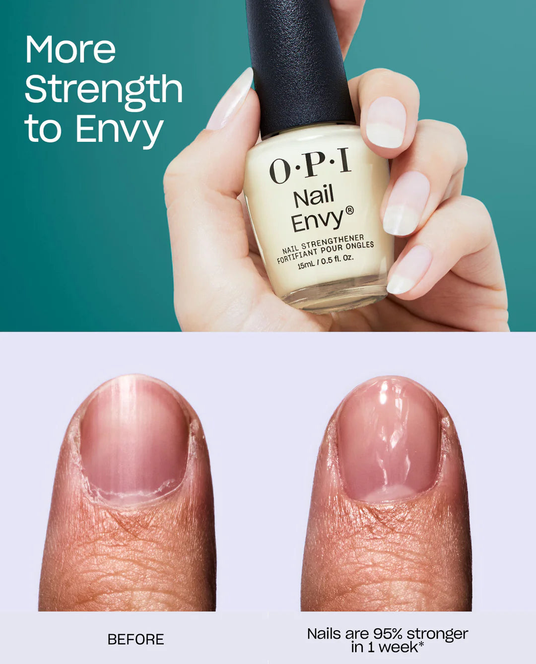 OPI Nail Envy nail strengthener bottle held by a hand with before and after nail images on a teal background.