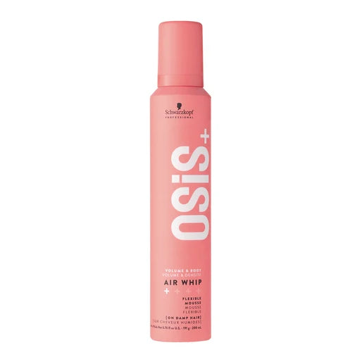 Pink bottle of Osis+ Air Whip hair product on a white background