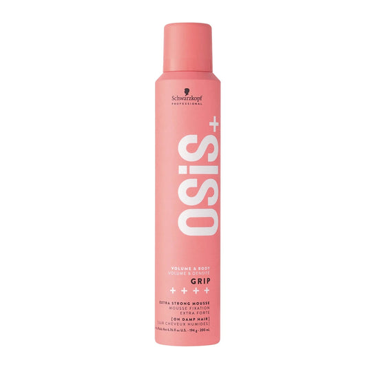 Pink bottle of Schwarzkopf Osis+ Grip mousse on a white background