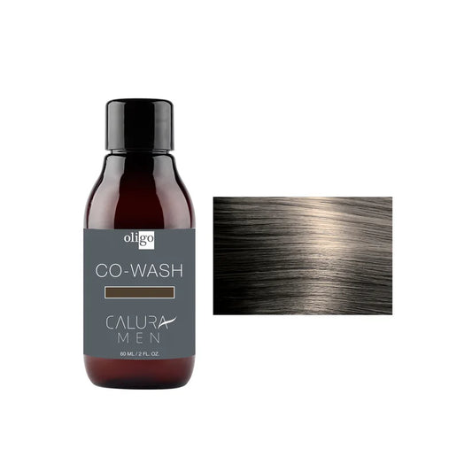 Oligo Calura Men Co-Wash bottle with a color swatch on a white background