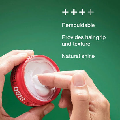 Person using a red container of hair product with text on a green background