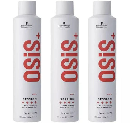 Three bottles of Schwarzkopf Osis Session hair product on a white background