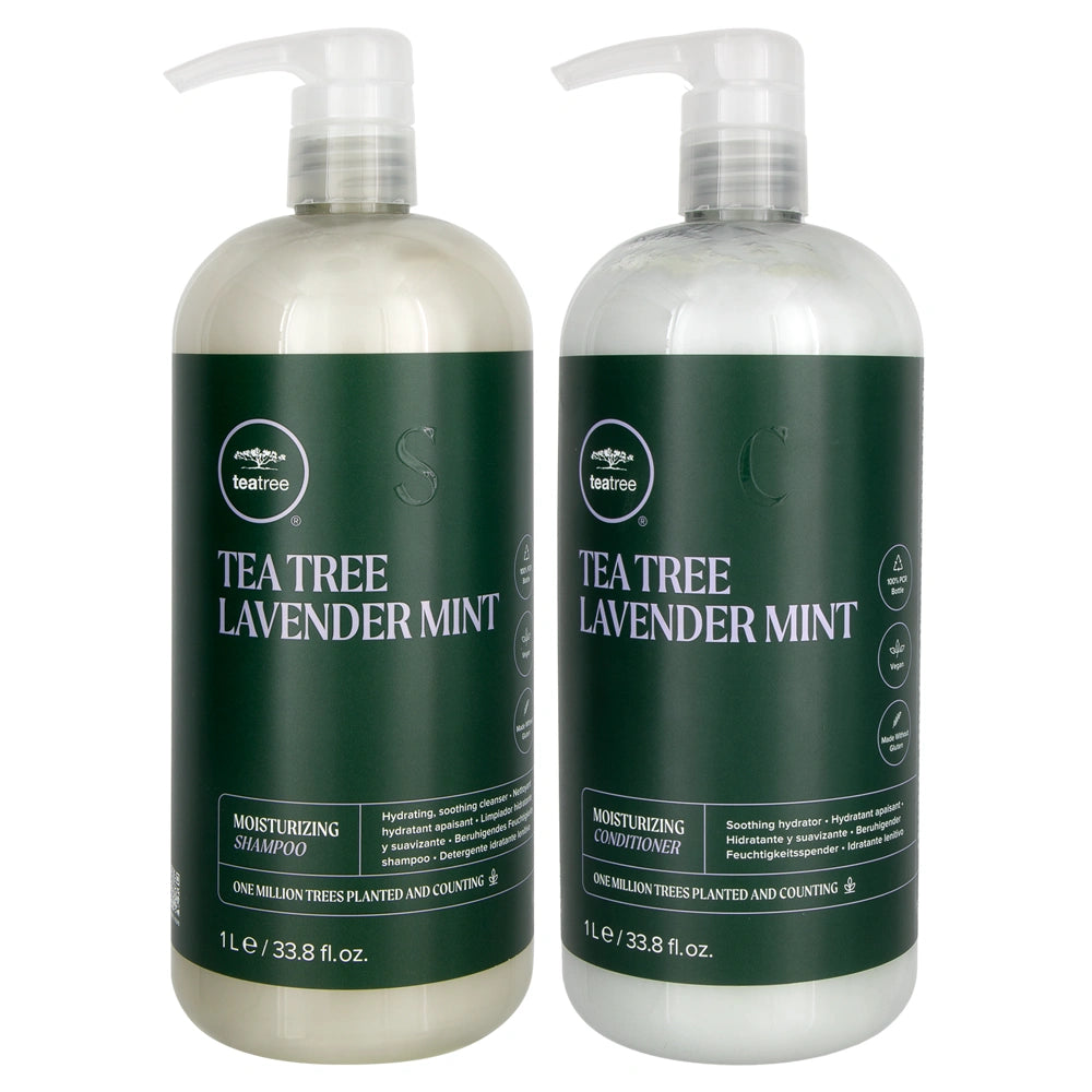 Two bottles of Tea Tree Lavender Mint shampoo and conditioner on a white background