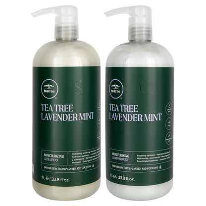 Two bottles of Tea Tree Lavender Mint shampoo and conditioner on a white background