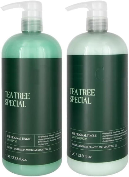 Two bottles of Tea Tree Special shampoo and conditioner on a white background