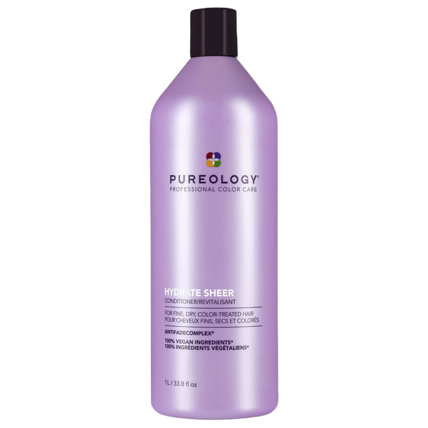 Purple bottle of Pureology conditioner on a white background